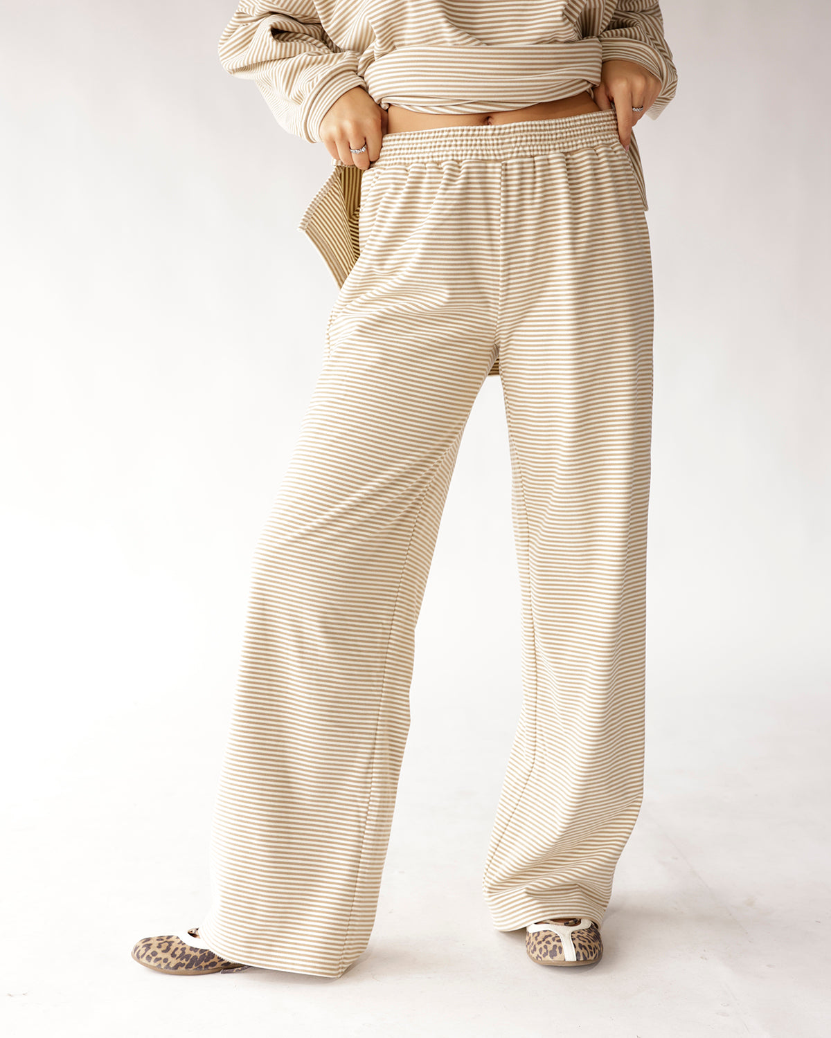 Oatmeal and cream striped wide leg pants with elastic waistband