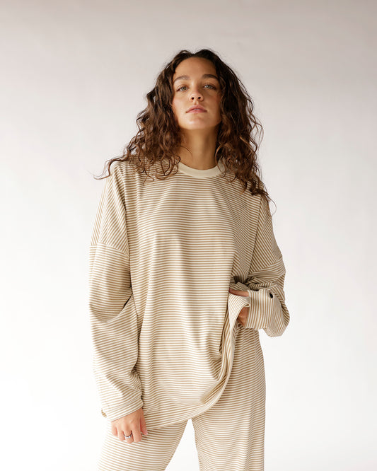 Oversized striped long sleeve top in oatmeal and cream, relaxed fit
