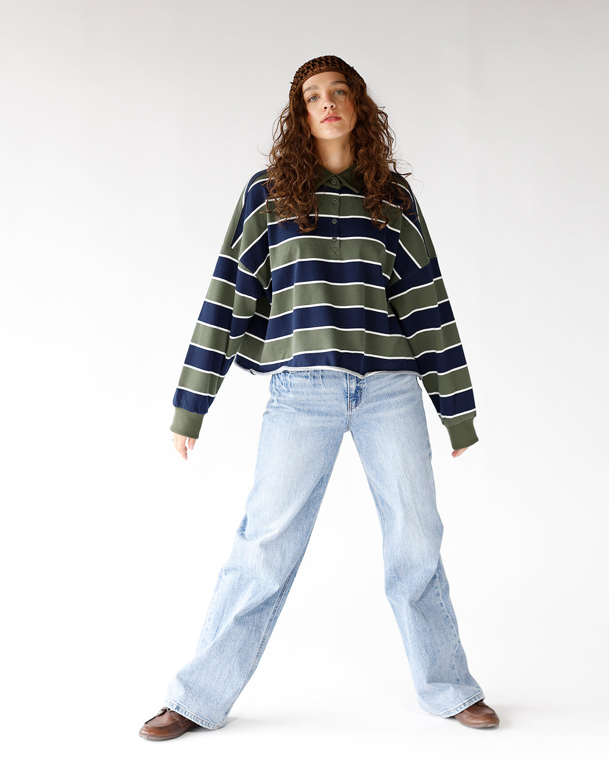 HARVEST STRIPE POLO LONG SLEEVE TOP