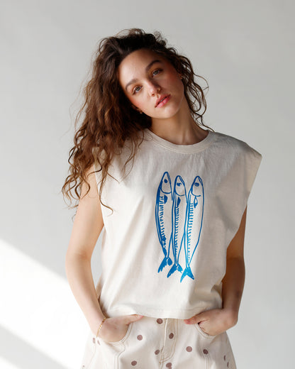 women's muscle tee ivory muscle tee with blue fish graphic women's graphic muscle tee