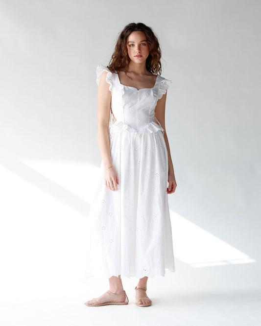white eyelet embroidered maxi dress with flutter sleeves white midi dress