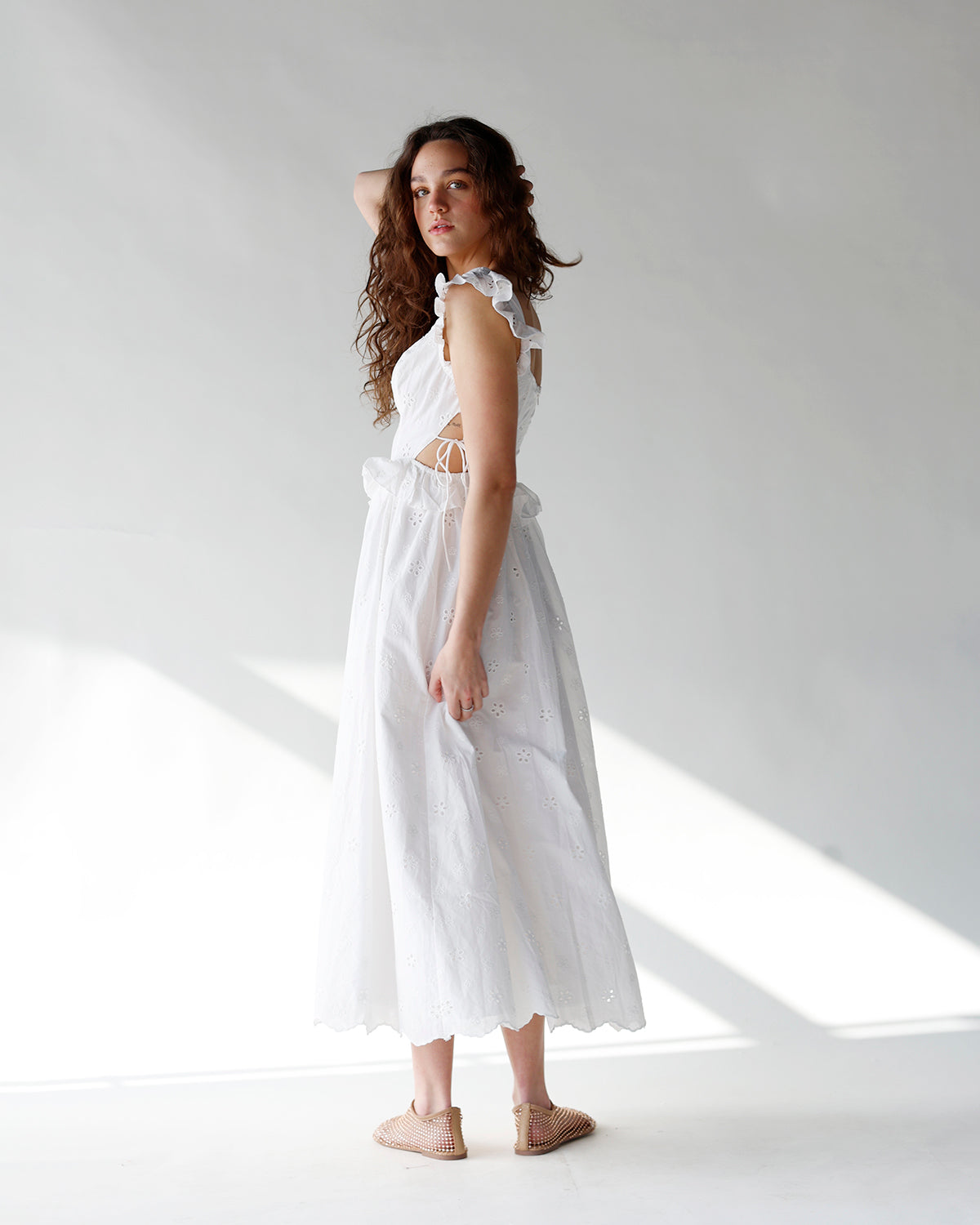 LILY EYELET BUSTIER MIDI DRESS