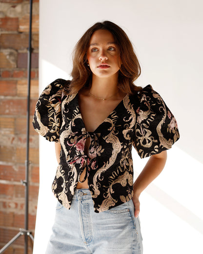 GENEVIEVE PUFF SLEEVE TIE-FRONT TOP