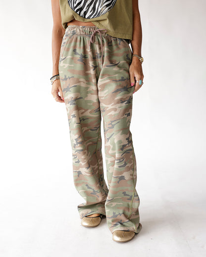 Muted camo wide-leg sweatpants with elastic drawstring waist, relaxed fit