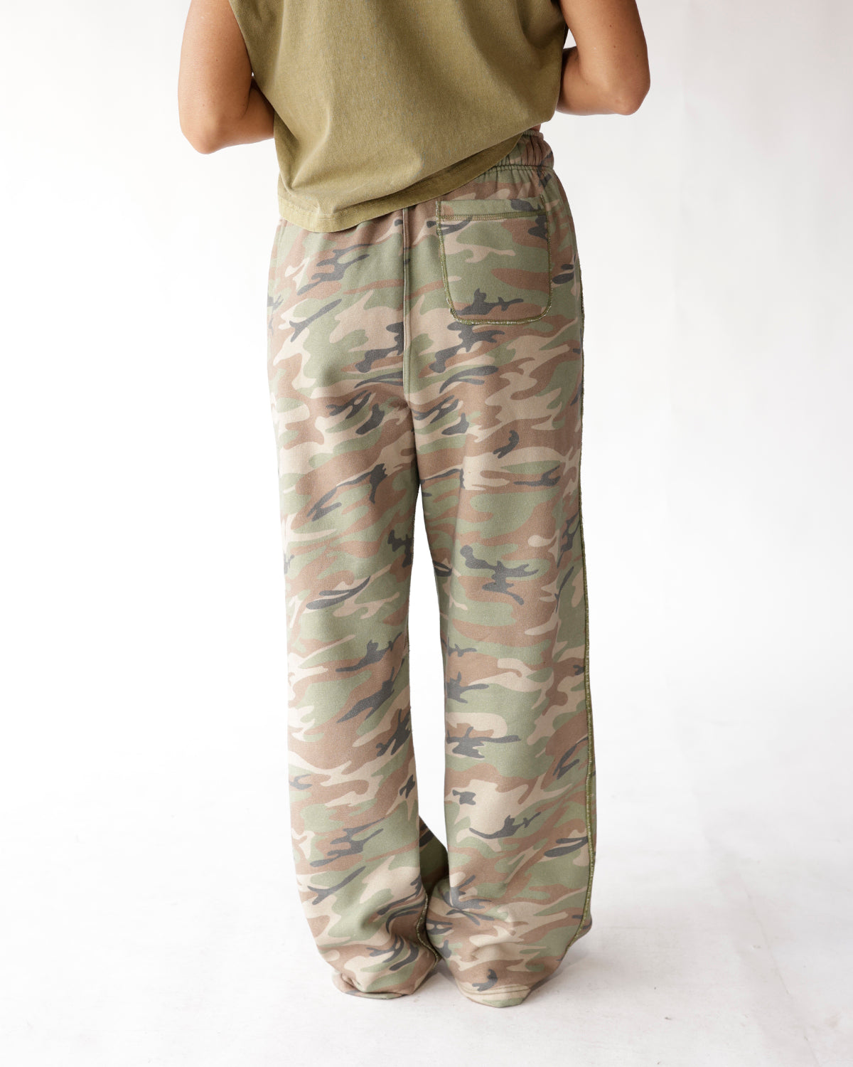 Muted camo wide-leg sweatpants with elastic waist and back pocket, rear view