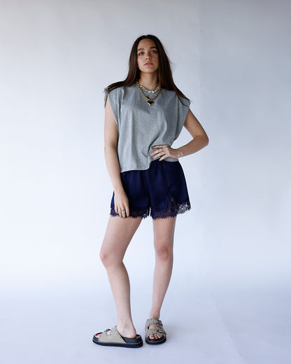SWEETHEART LACE TRIM SHORTS X NAVY BLUE