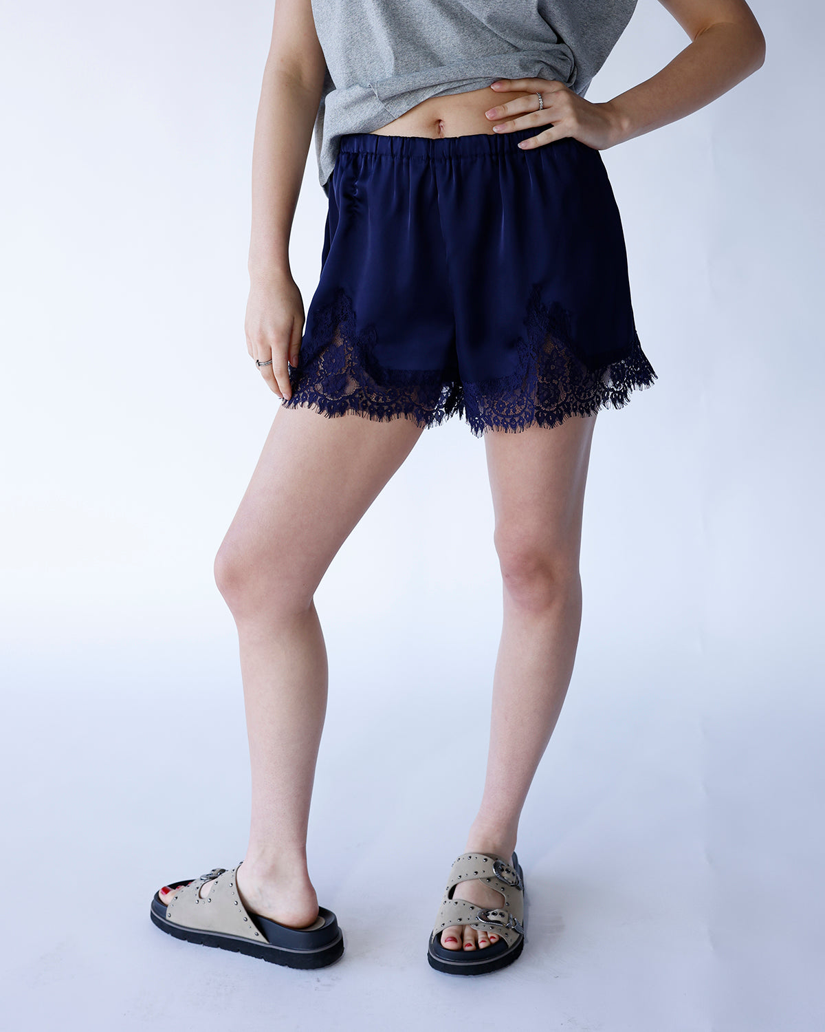 navy blue lace trim satin shorts navy blue elastic waist satin lace trim shorts
