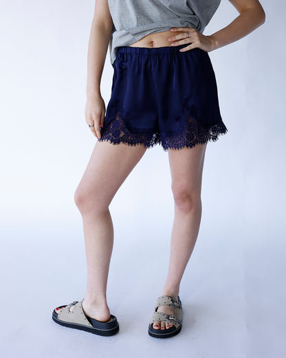 navy blue lace trim satin shorts navy blue elastic waist satin lace trim shorts