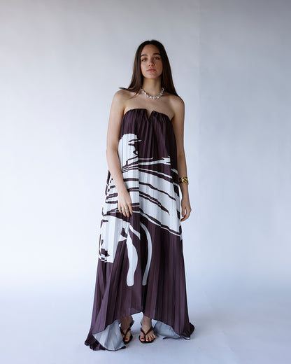 brown and white floral print pleated strapless maxi dress