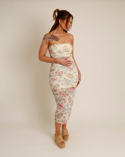 CASSIDY STRAPLESS FLORAL MESH SHIRRED MIDI DRESS
