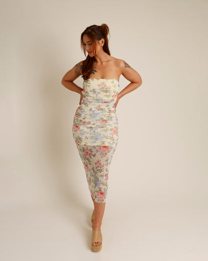 CASSIDY STRAPLESS FLORAL MESH SHIRRED MIDI DRESS