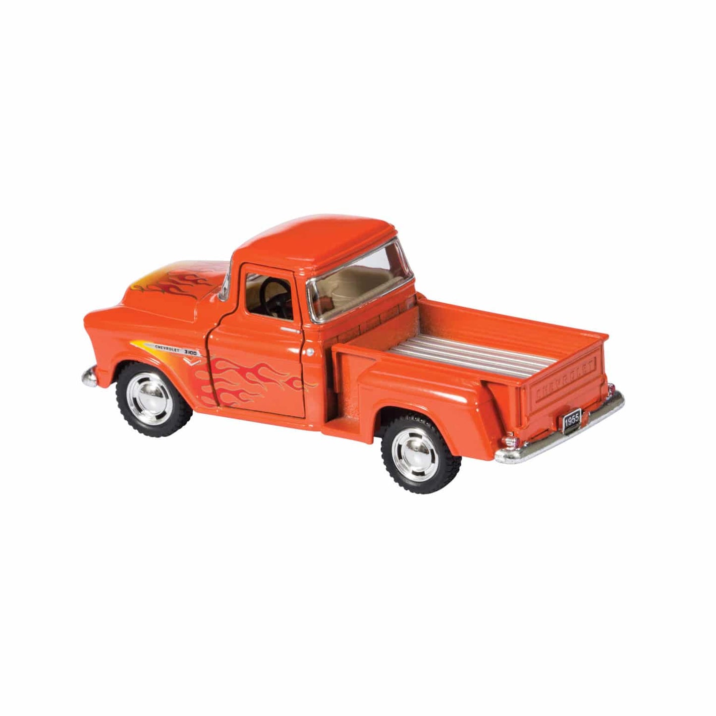 Orange diecast pickup truck toy with yellow flame graphics, 1955 model