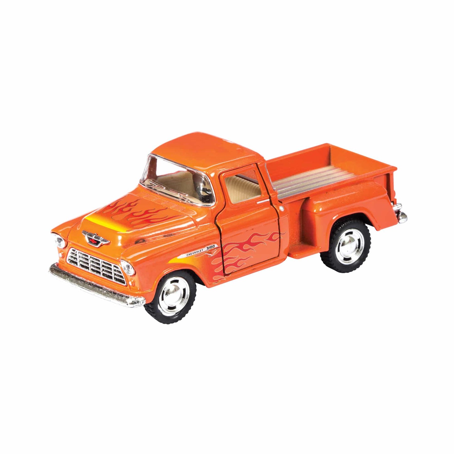 Orange diecast pickup truck toy with red flame graphics, chrome details, open bed