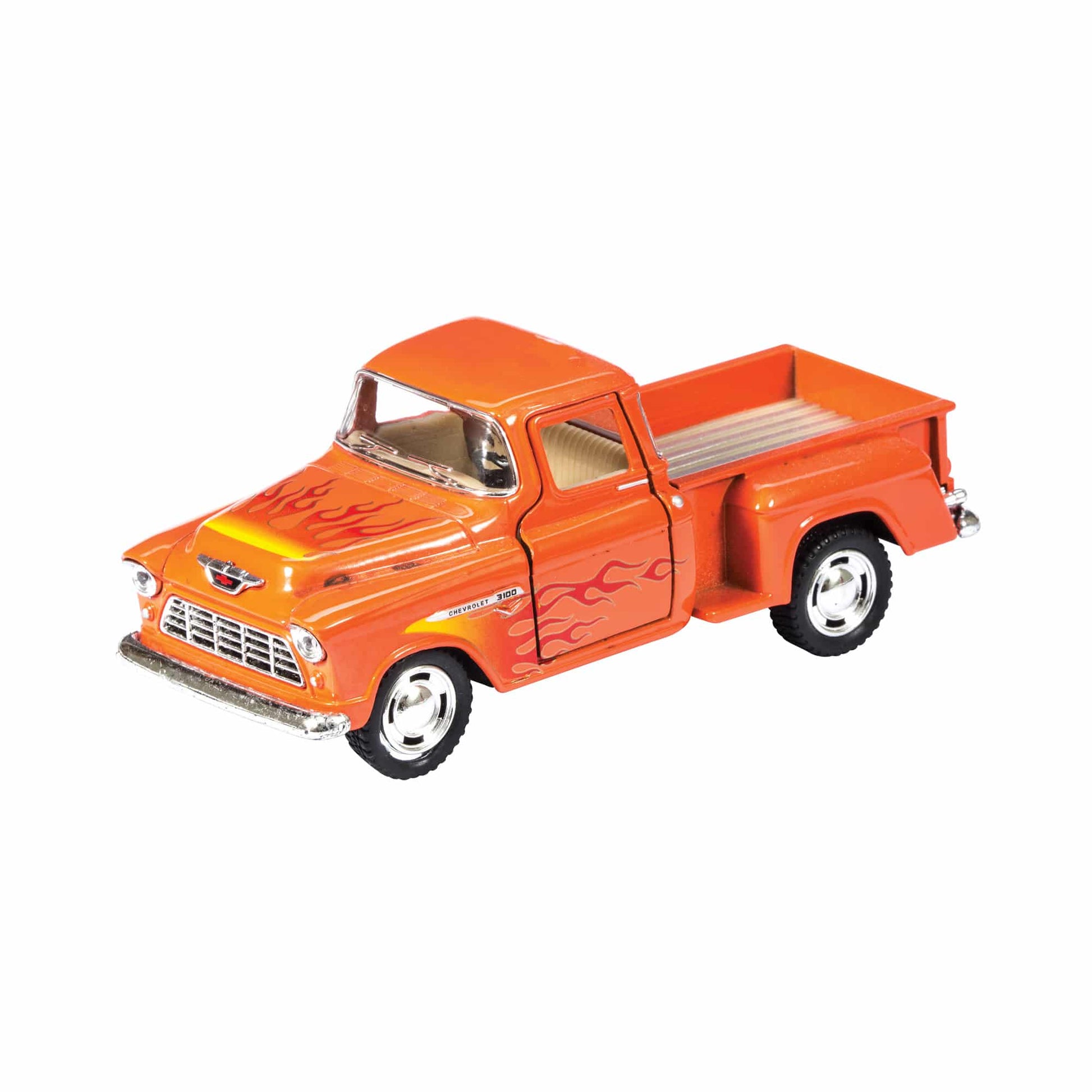 Orange diecast pickup truck toy with red flame graphics, chrome details, open bed