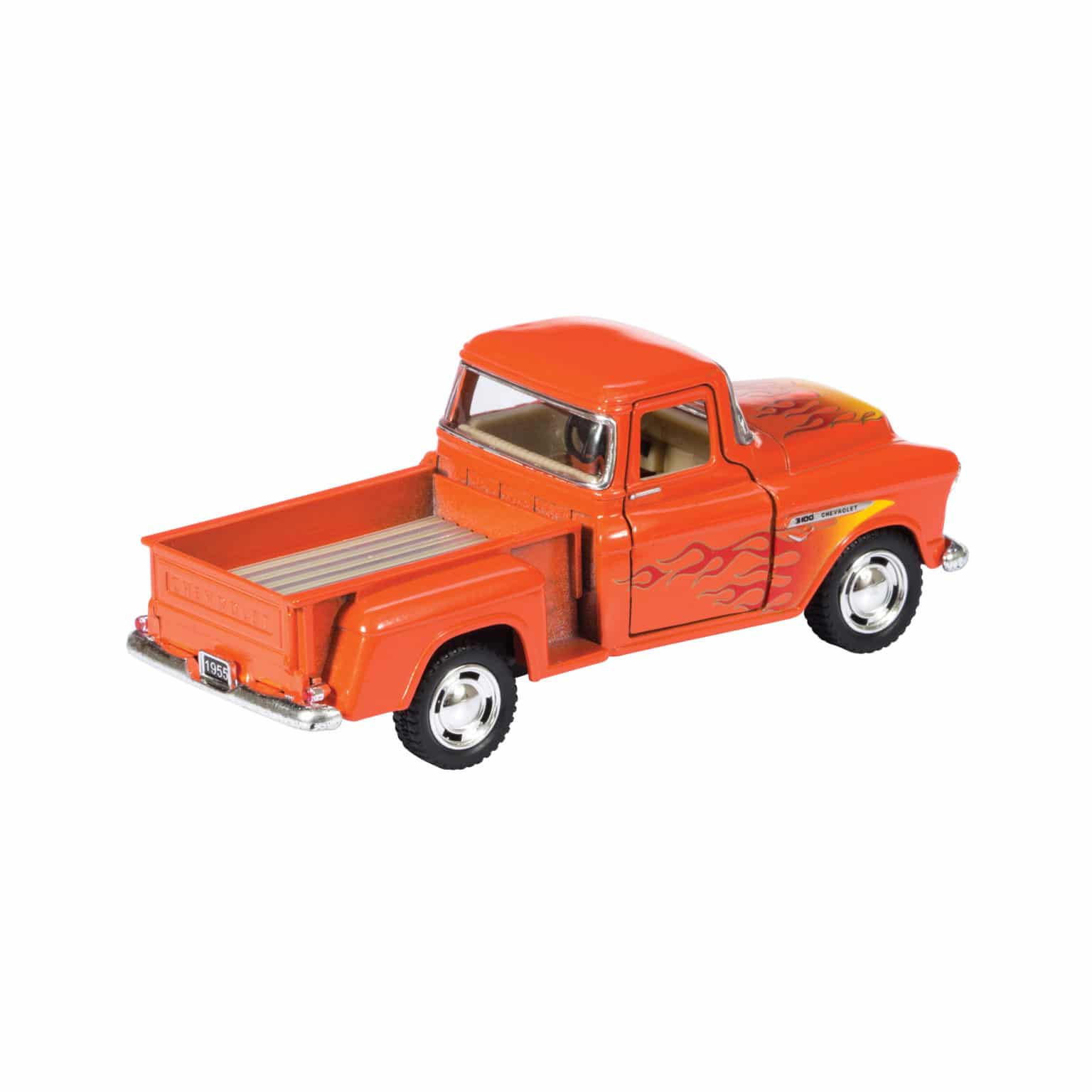 Orange diecast pickup truck toy with flame graphics, chrome wheels, 1955 license plate