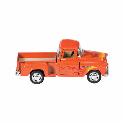 Orange diecast pickup truck toy with yellow and red flame graphics on sides