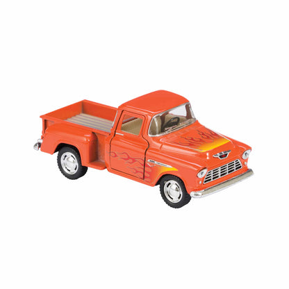 Orange diecast pickup truck toy with yellow flame graphics on doors and hood