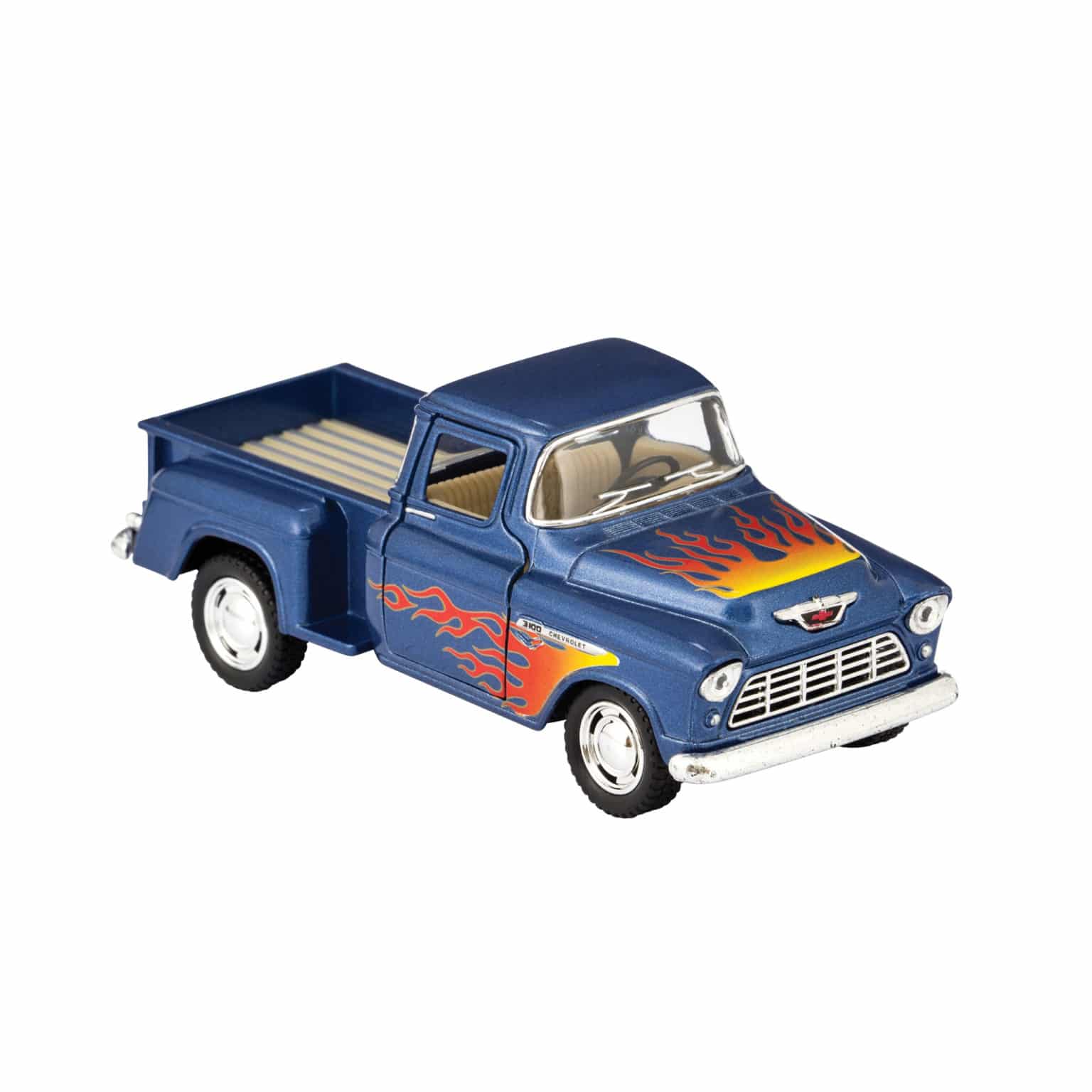 Blue diecast pickup truck toy with orange and yellow flame graphics on sides