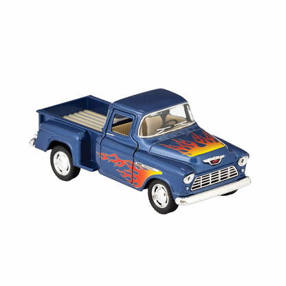 Blue diecast pickup truck toy with orange and yellow flame graphics on sides