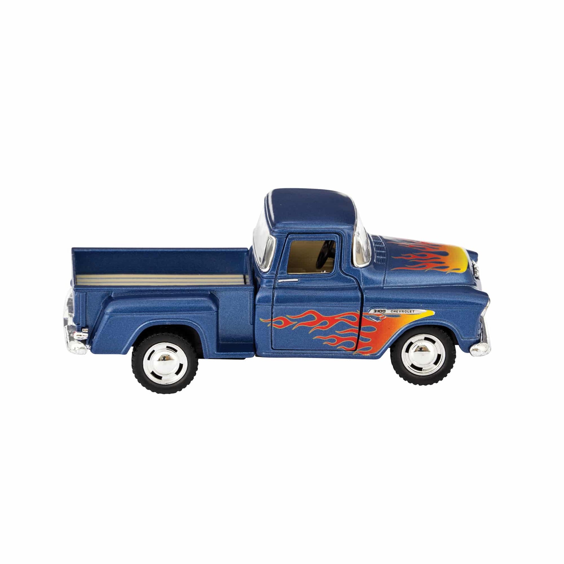 Blue diecast 1955 pickup truck toy with orange and yellow flame graphics