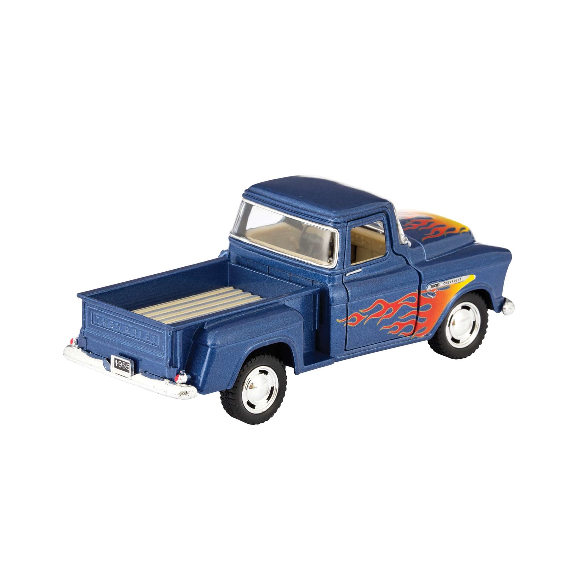 Blue diecast 1955 pickup truck toy with orange flame graphics on sides