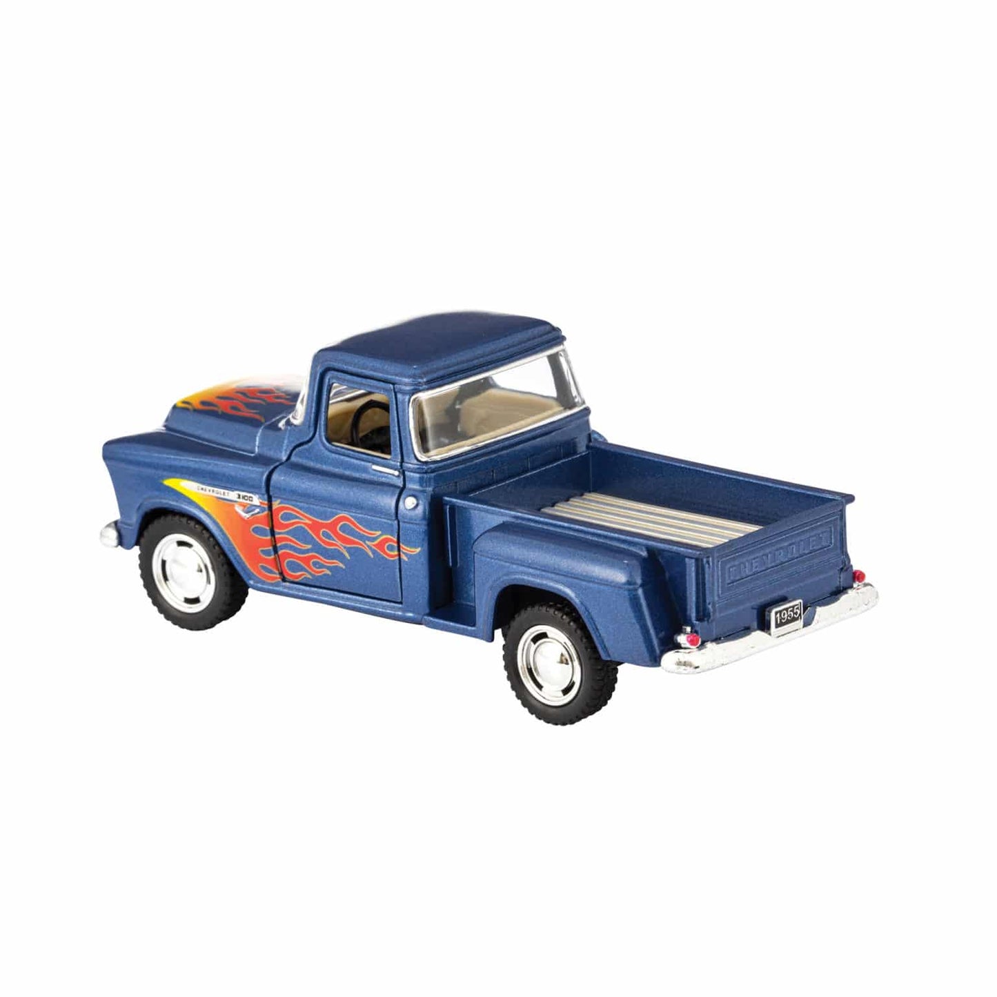 Blue diecast 1955 pickup truck toy with red and orange flame graphics