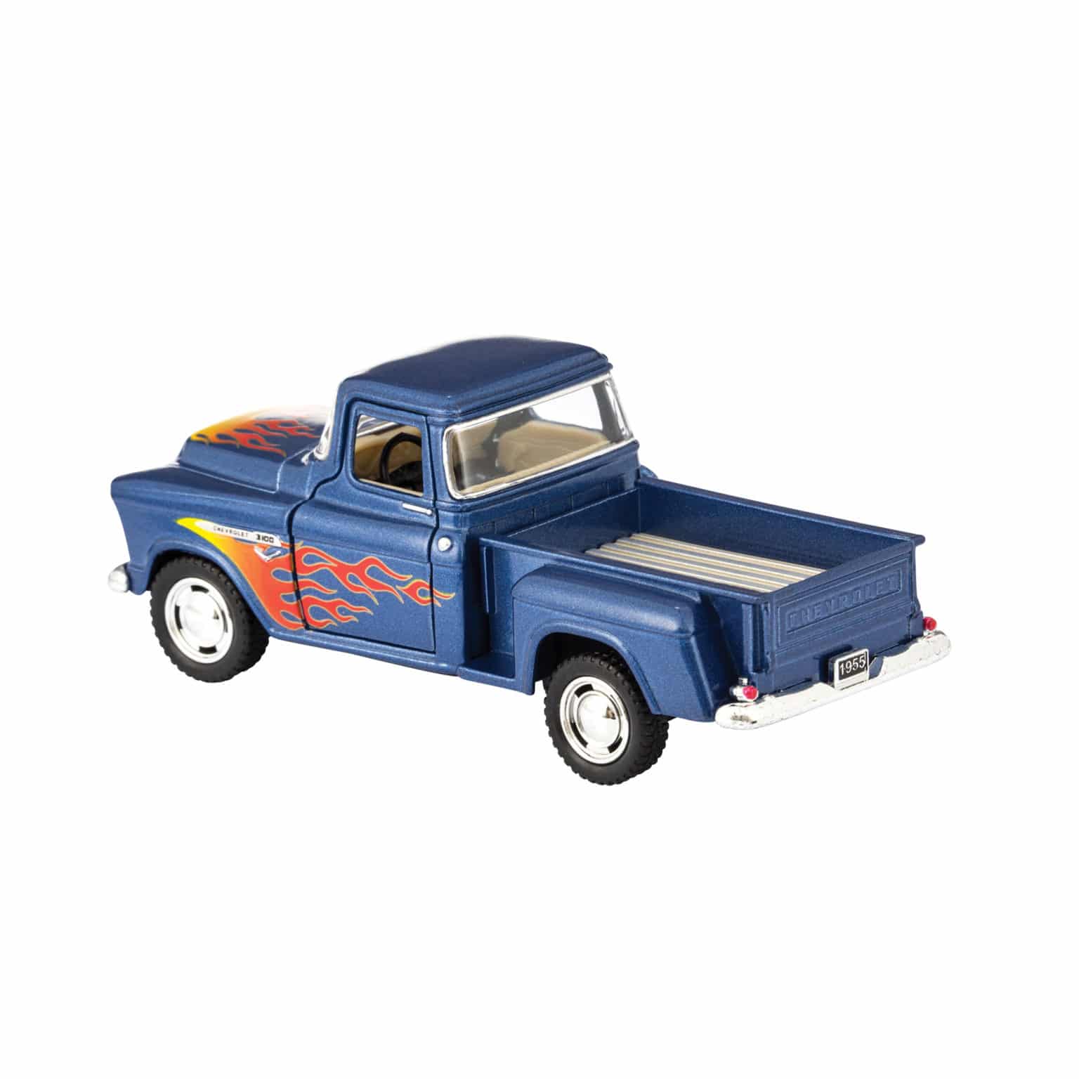 Blue diecast 1955 pickup truck toy with red and orange flame graphics