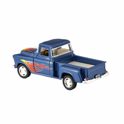 Blue diecast 1955 pickup truck toy with red and orange flame graphics