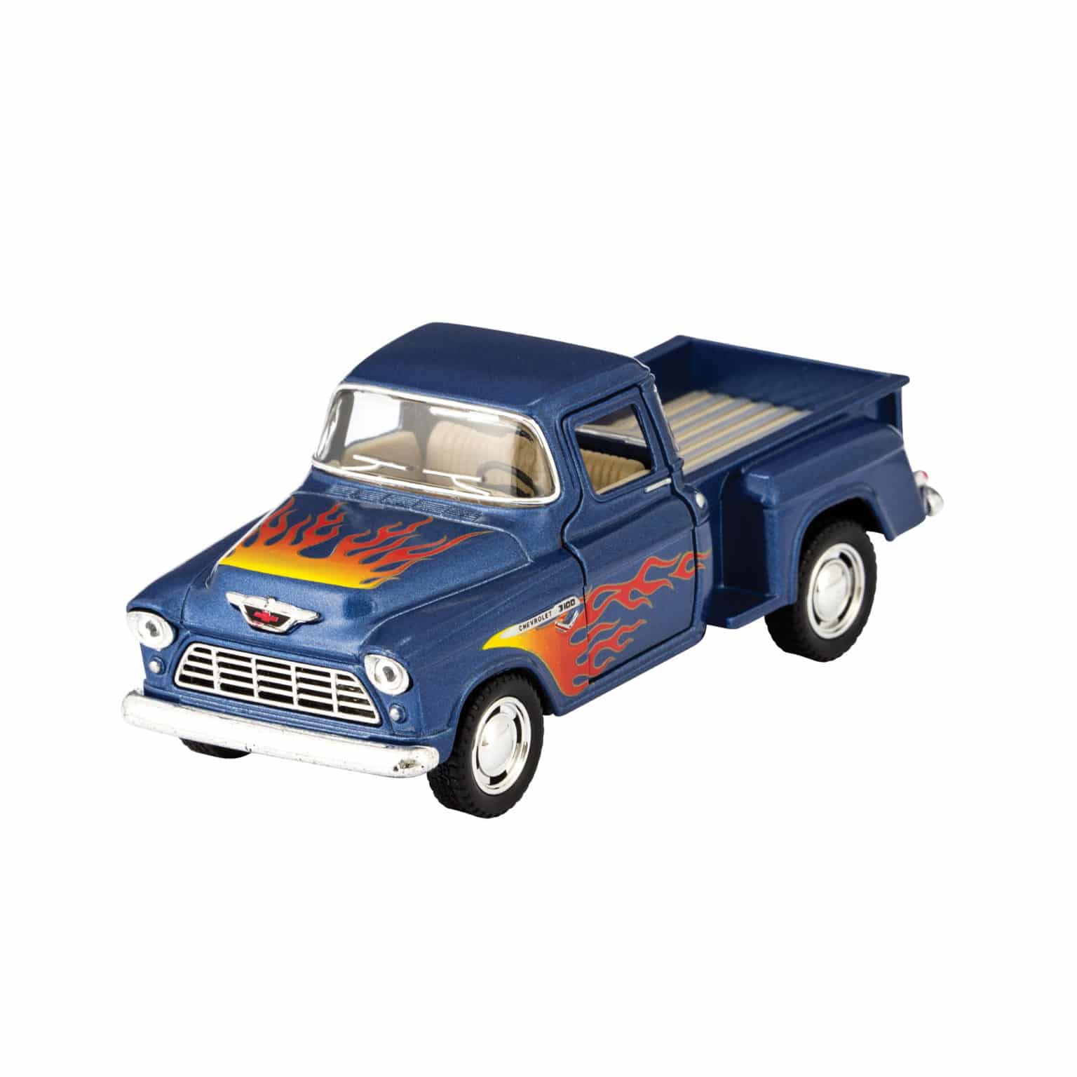 Blue diecast pickup truck toy with orange and yellow flame graphics on sides