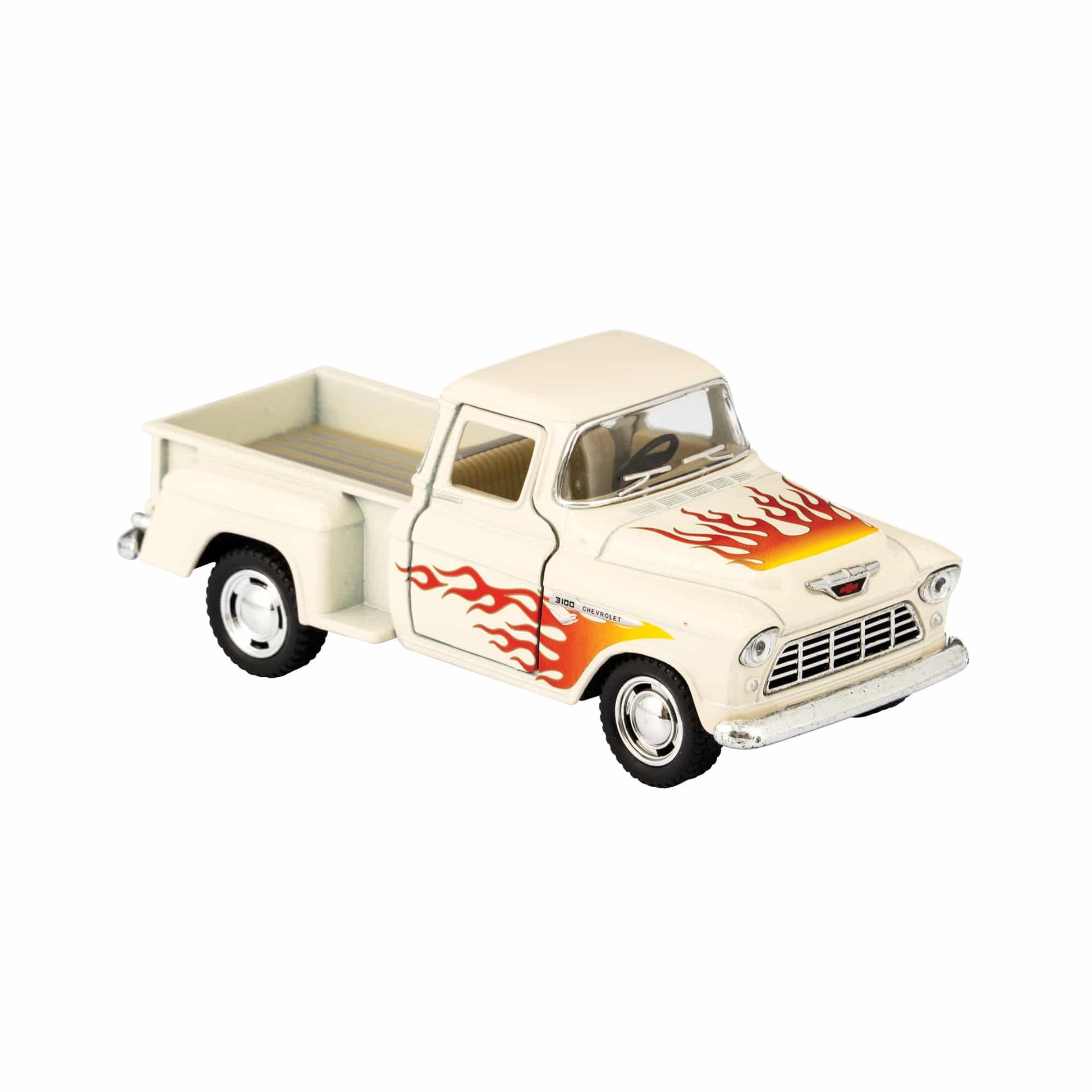 Cream diecast pickup truck toy with red and orange flame graphics on sides