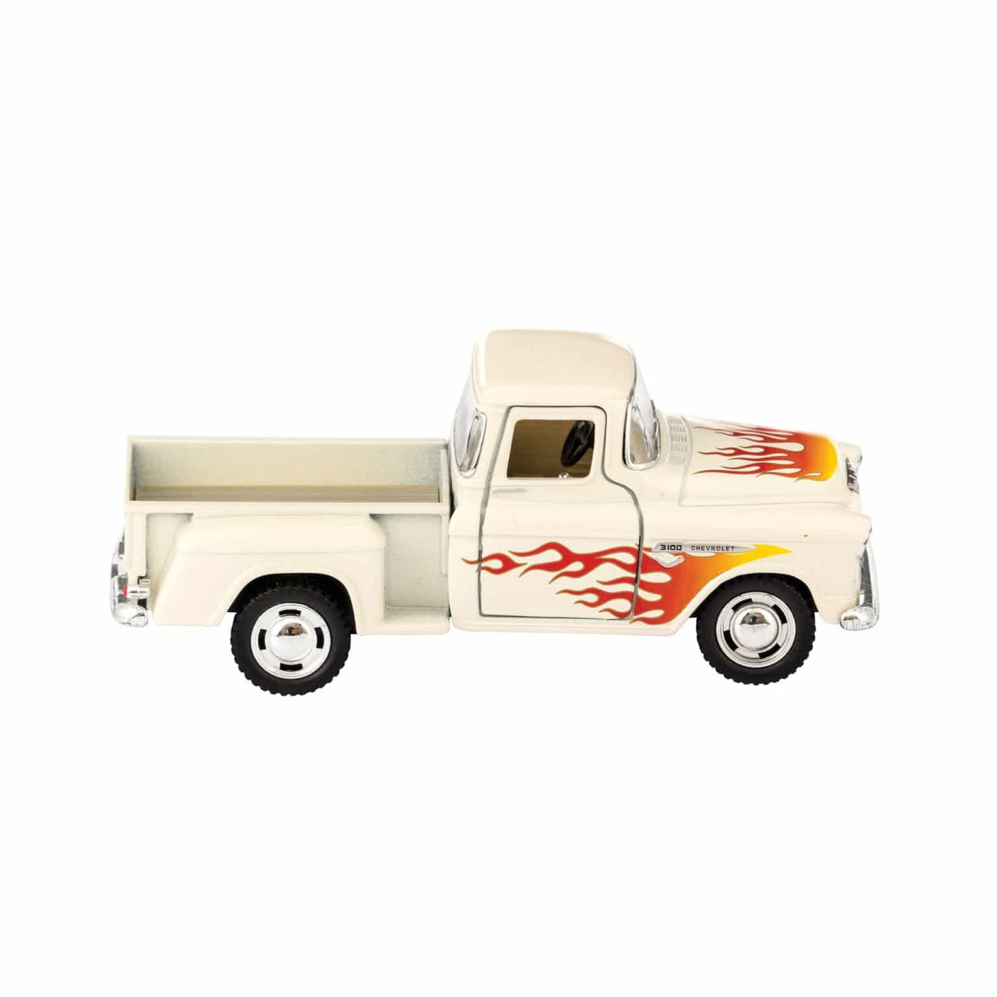 Cream diecast 1955 pickup truck toy with orange and red flame graphics