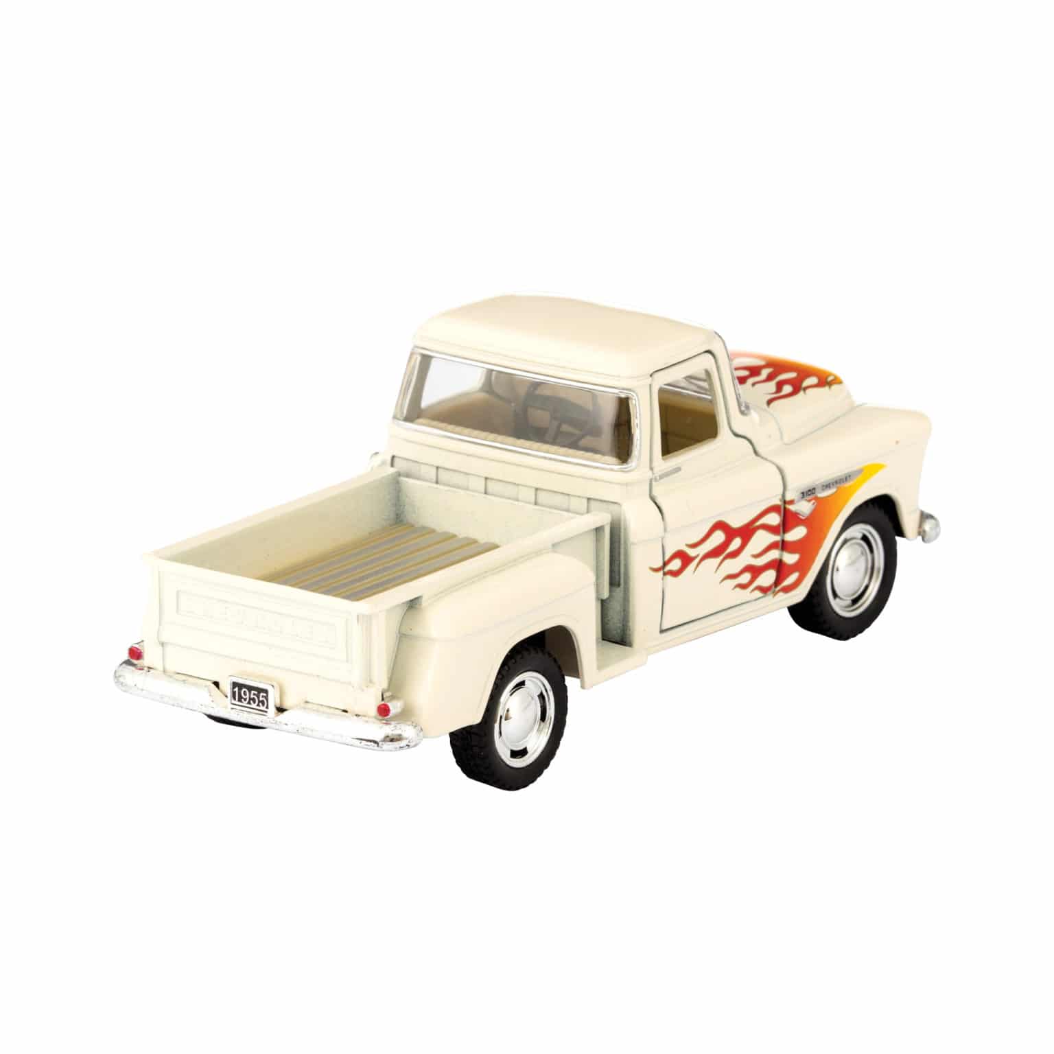 Cream diecast 1955 pickup truck toy with red and orange flame graphics