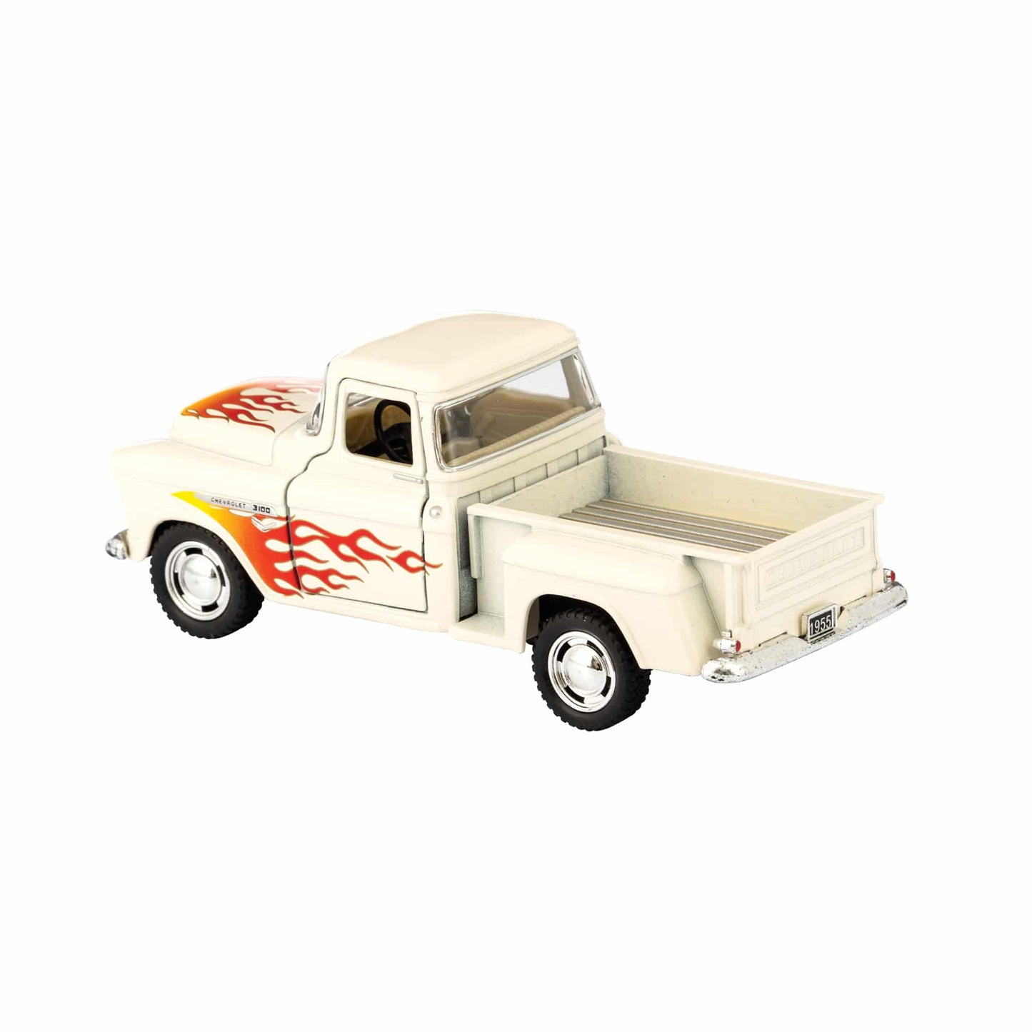 White diecast 1955 pickup truck toy with red and yellow flame graphics