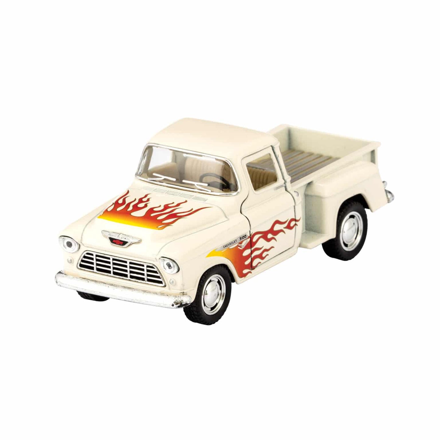 Cream diecast pickup truck toy with red and orange flame graphics on sides