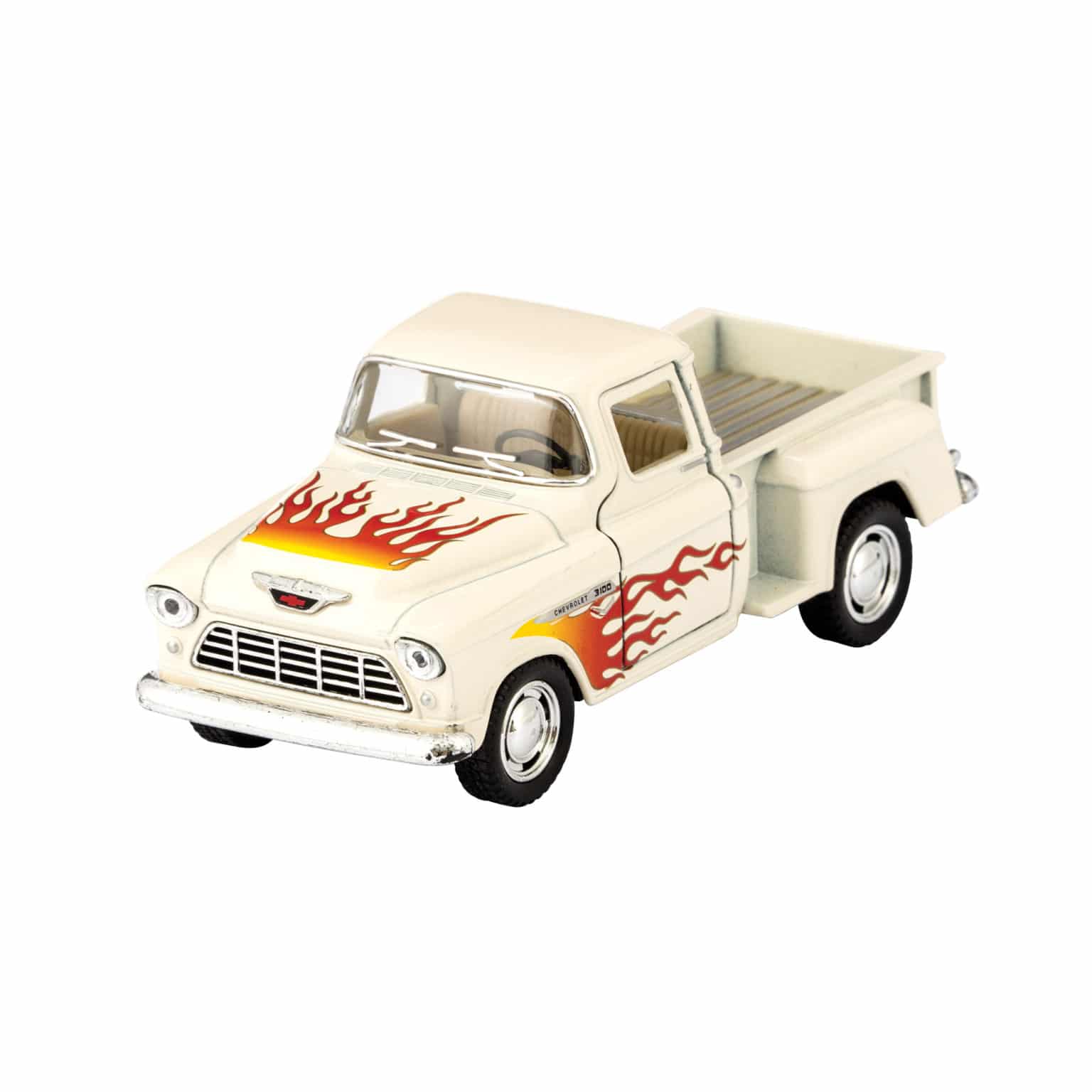 Cream diecast pickup truck toy with red and orange flame graphics on sides