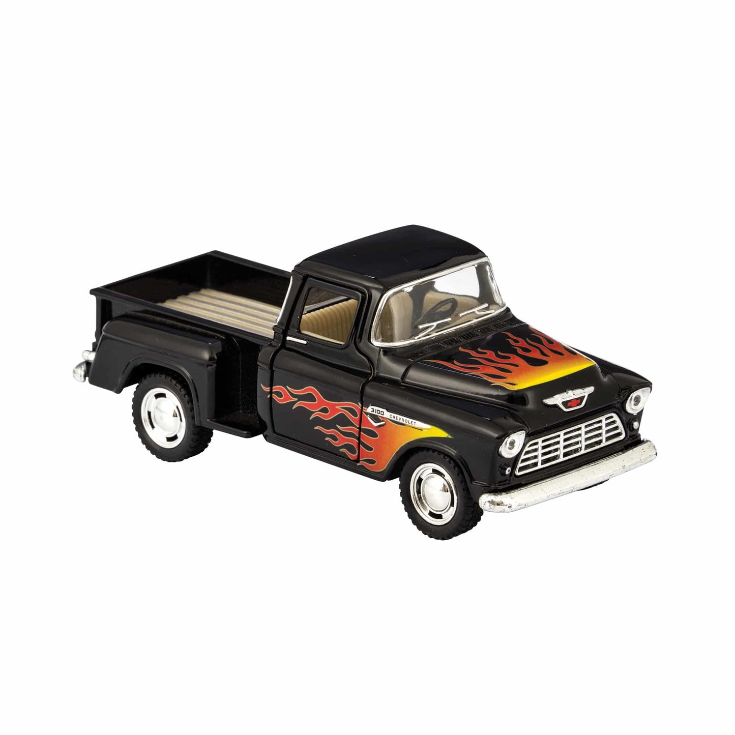 Black diecast pickup truck toy with orange and red flame graphics, 1:36 scale