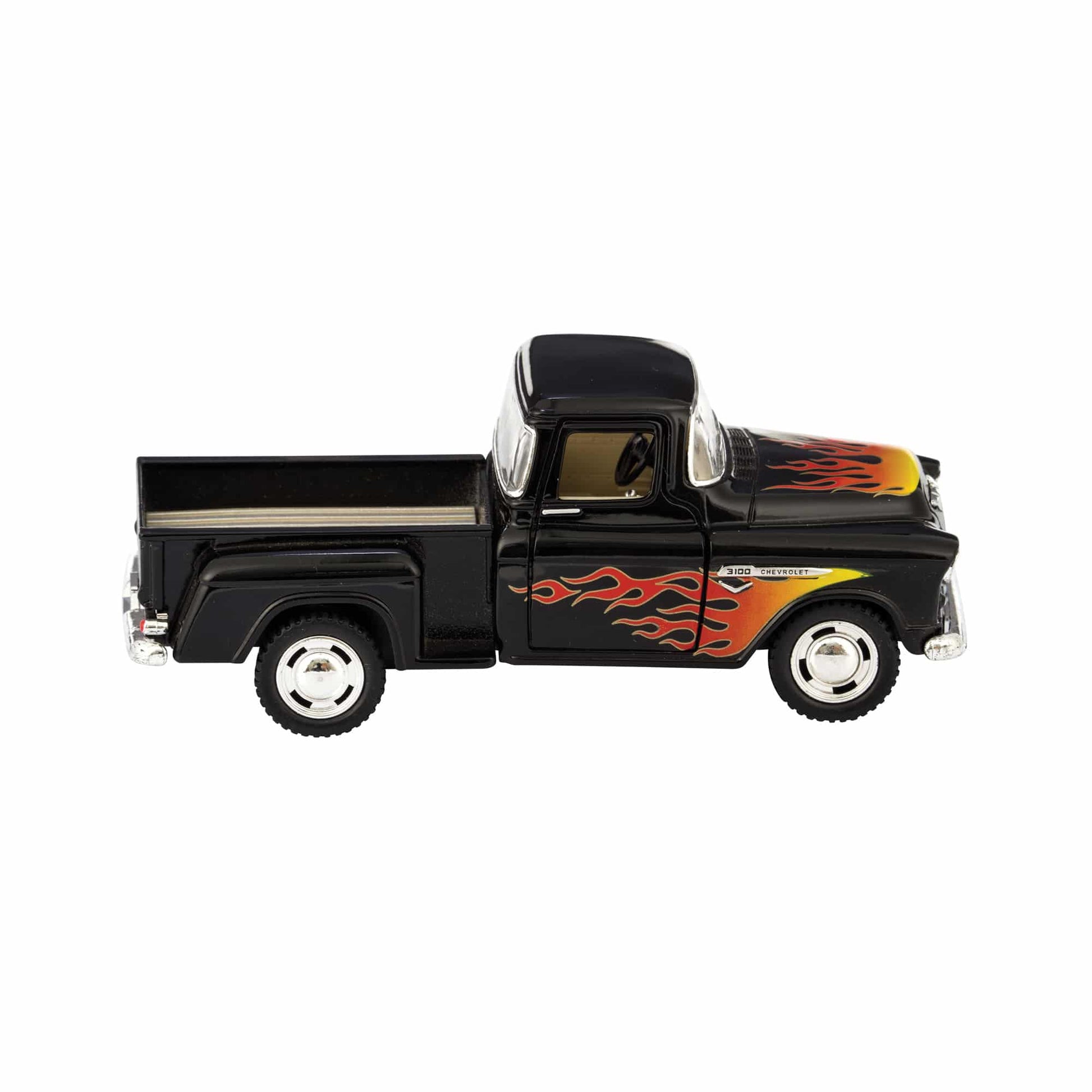 Black diecast pickup truck toy with orange and yellow flame graphics on sides