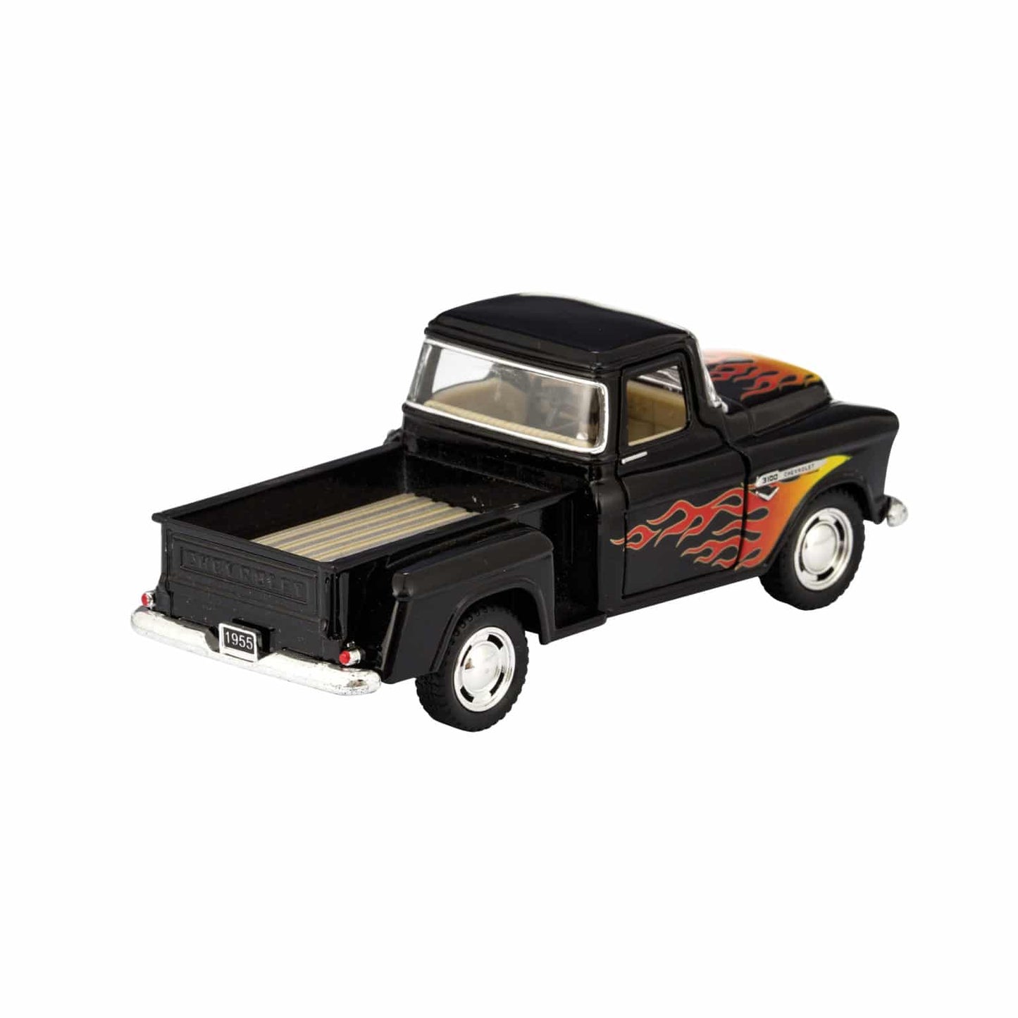 Black diecast 1955 pickup truck toy with orange flame graphics on sides
