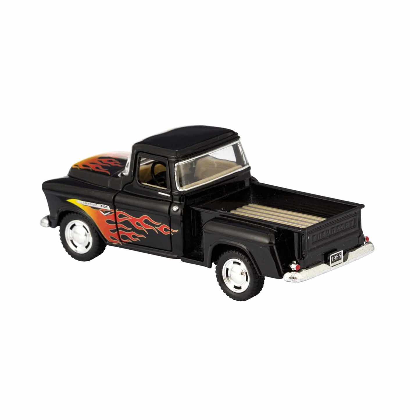 Black diecast 1955 pickup truck toy with red and yellow flame graphics