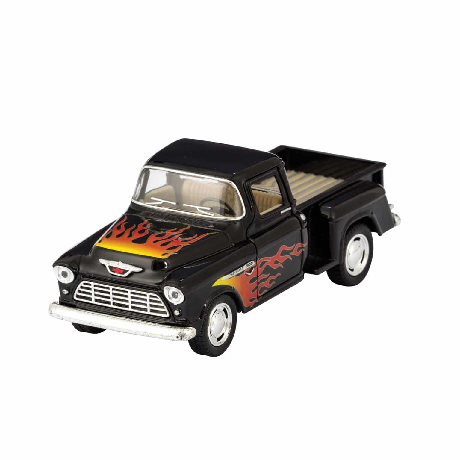 Black diecast pickup truck toy with orange and red flame graphics on sides