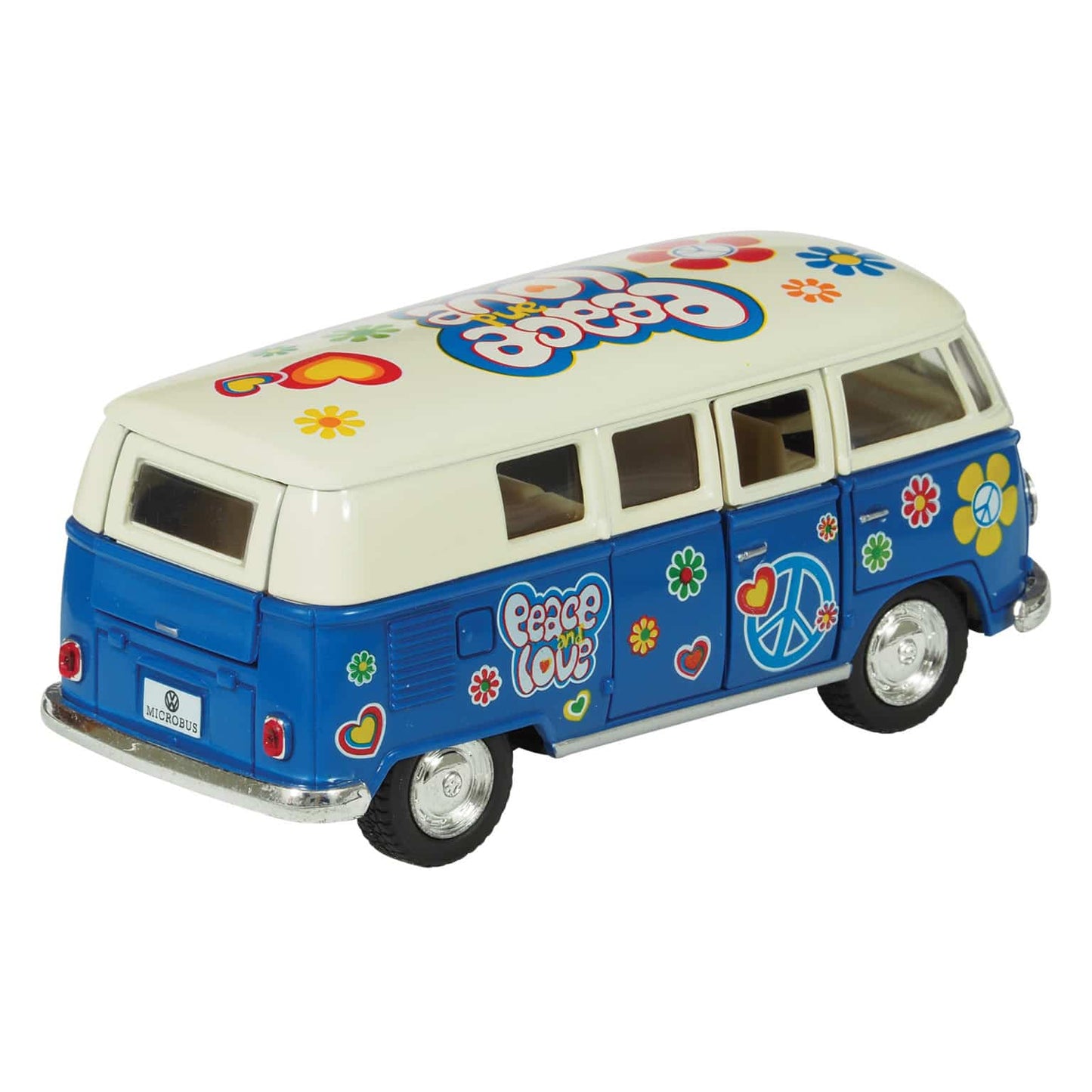 Blue and white diecast toy microbus with peace, love, and flower power graphics