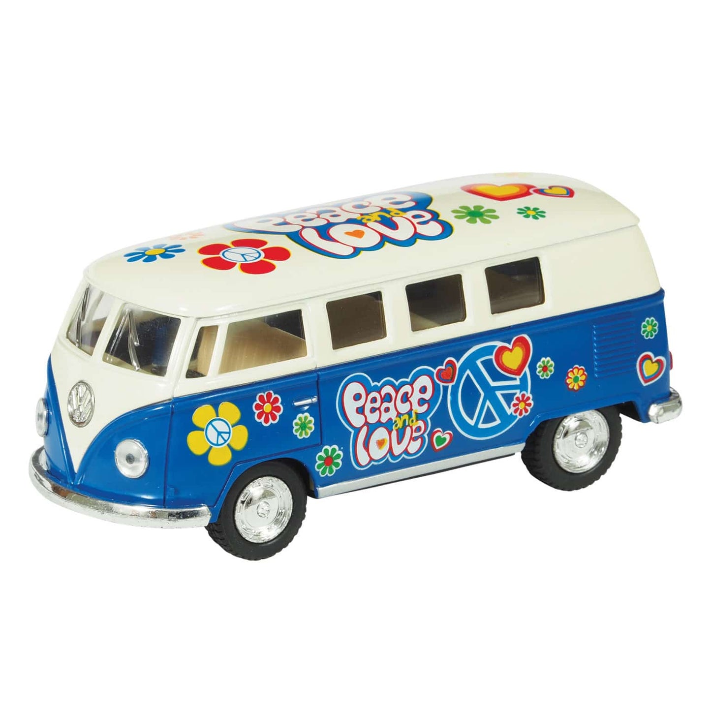 Blue and white diecast toy bus with peace, love, and flower power graphics