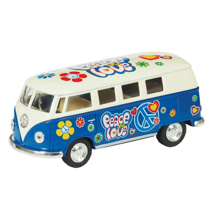 Blue and white diecast toy bus with peace, love, and flower power graphics