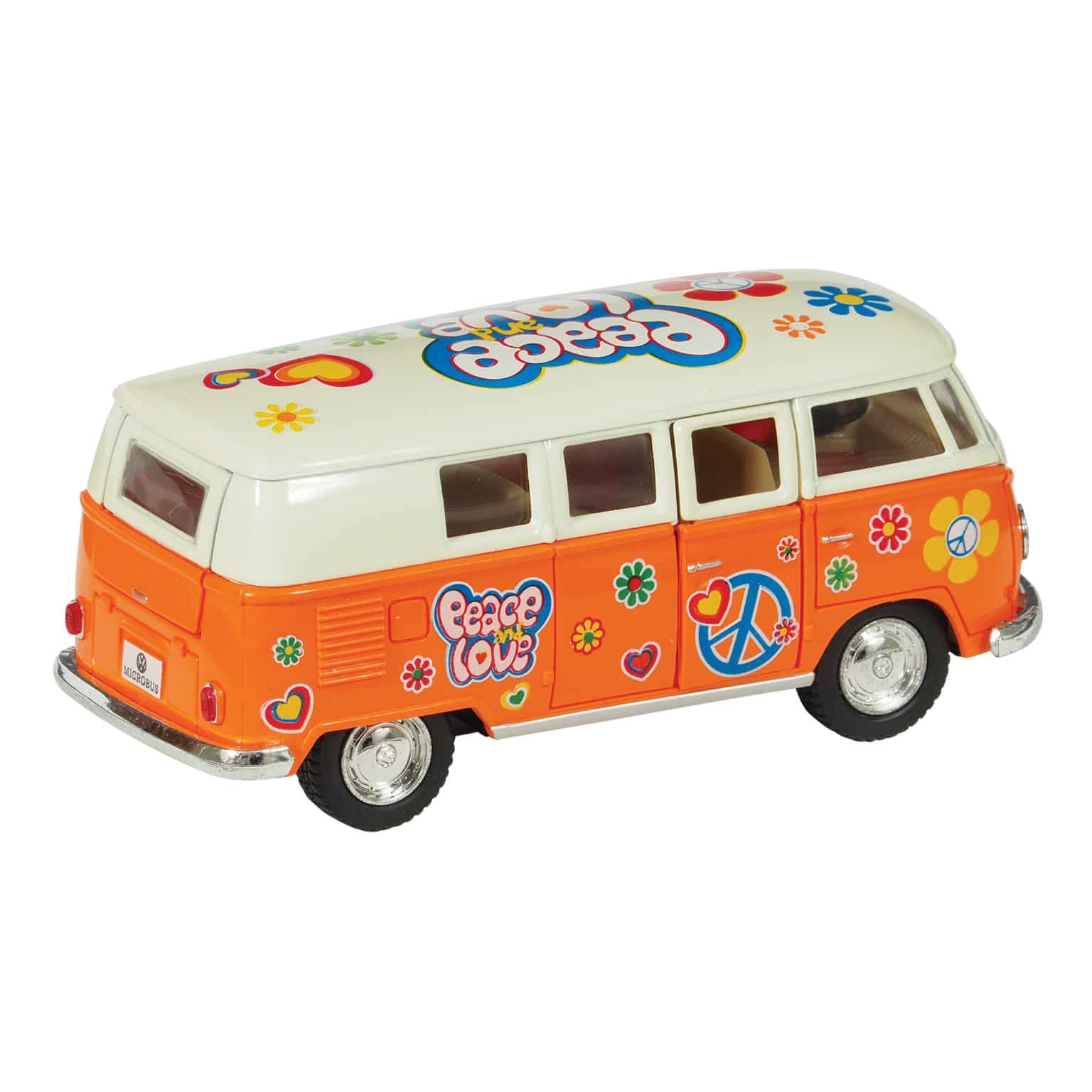 Orange and white diecast toy bus with peace, love, and flower power decals