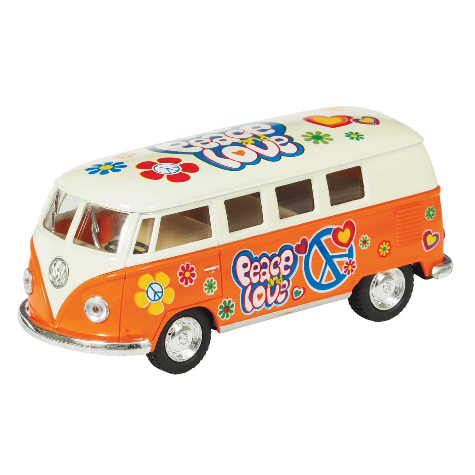 Orange and white diecast toy bus with peace, love, and flower power graphics