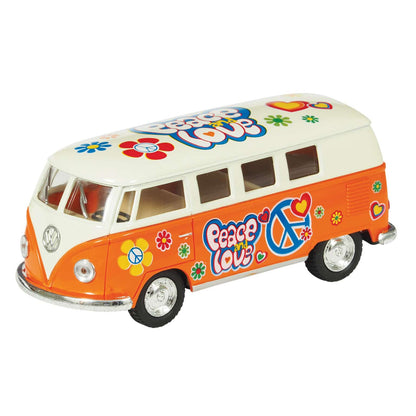Orange and white diecast toy bus with peace, love, and flower power graphics