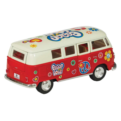Red and white diecast toy bus with peace, love, and flower power decals