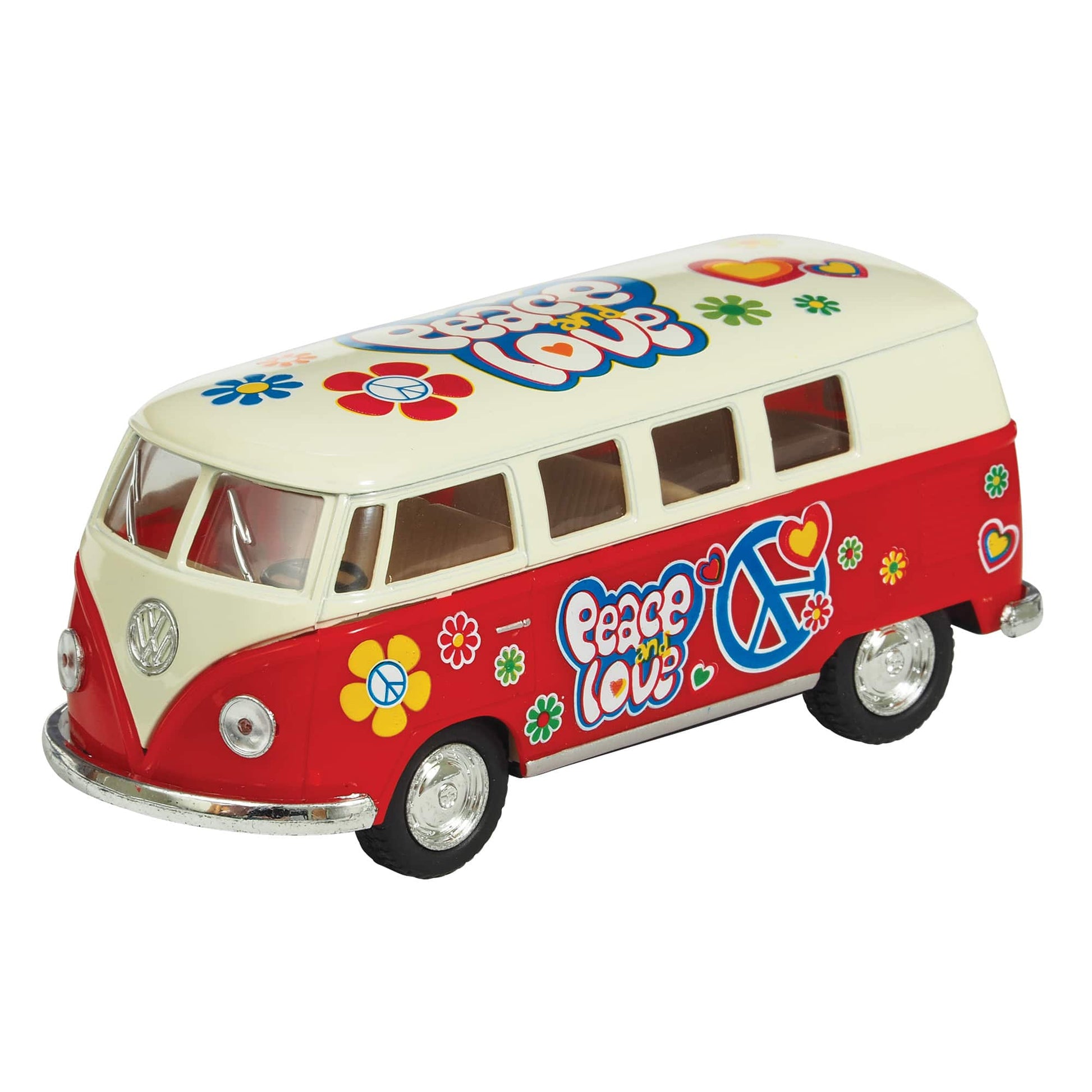 Red and cream diecast toy bus with peace, love, and flower power graphics