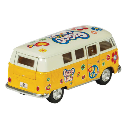 Yellow diecast toy bus with peace signs, flowers, and colorful hippie graphics