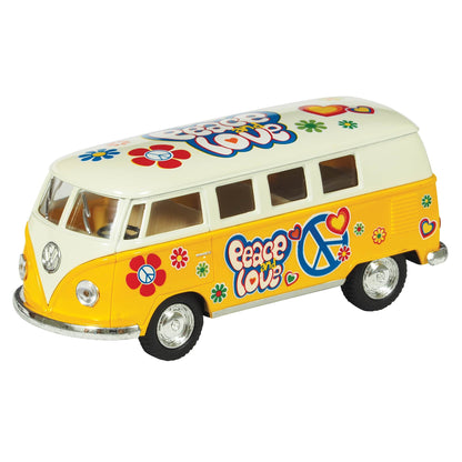 Yellow diecast toy bus with peace and love hippie flower power graphics